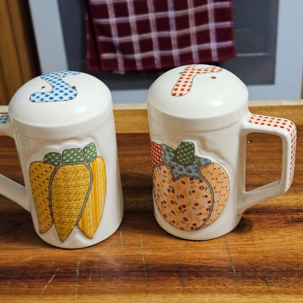 Vintage salt pepper shakers with handles by Enesco quilted garden patch